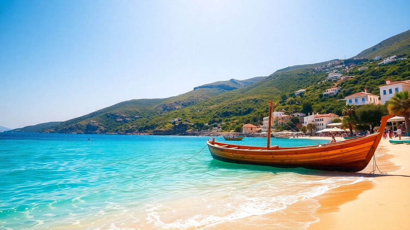 Stunning Greek beach with turquoise water and golden sand.