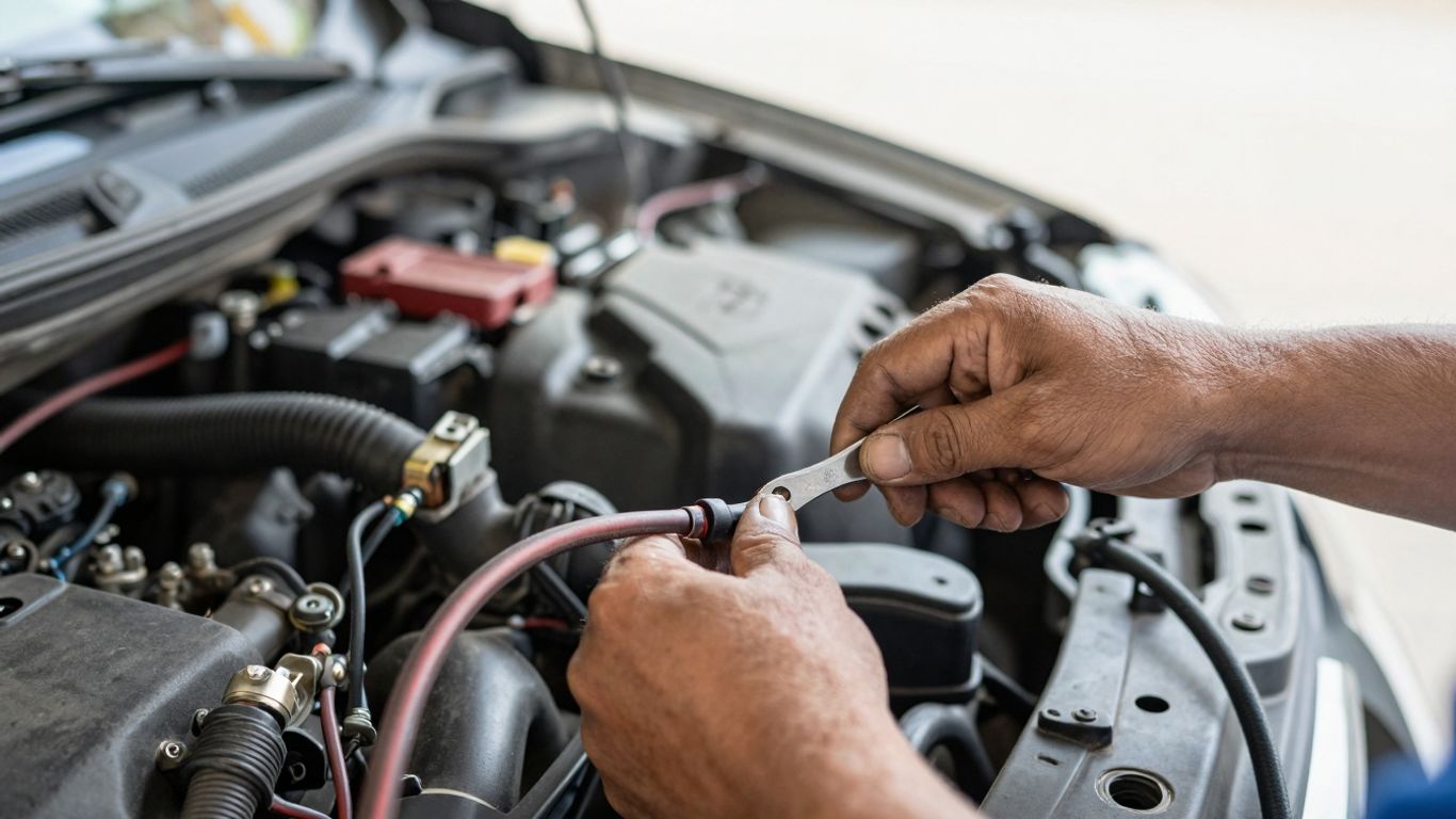 Mechanic fixing Nissan car electrical wiring
