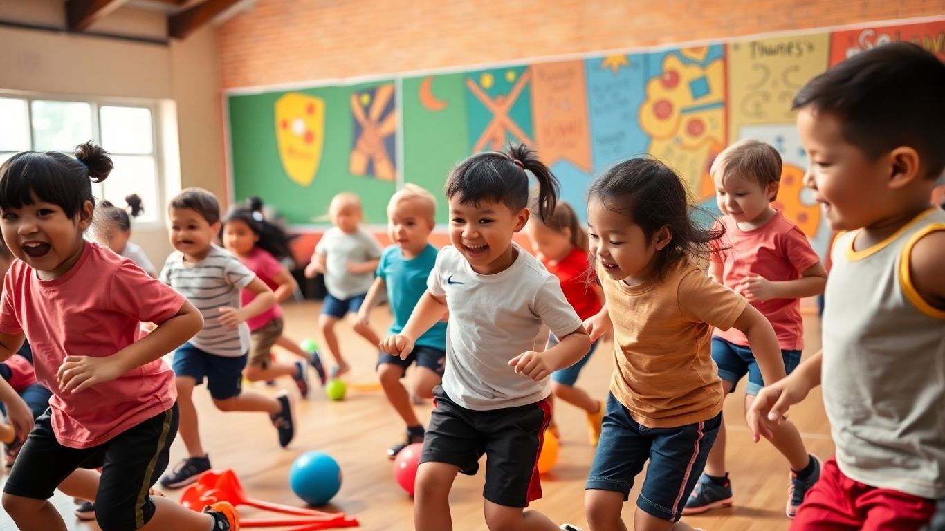 Kinder spielen begeistert in einer Sportstunde.