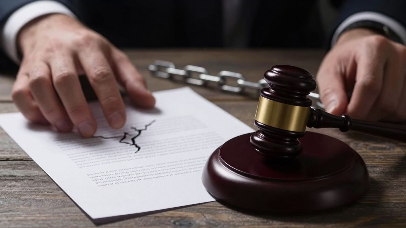 Gavel striking broken contract document, legal action implied.