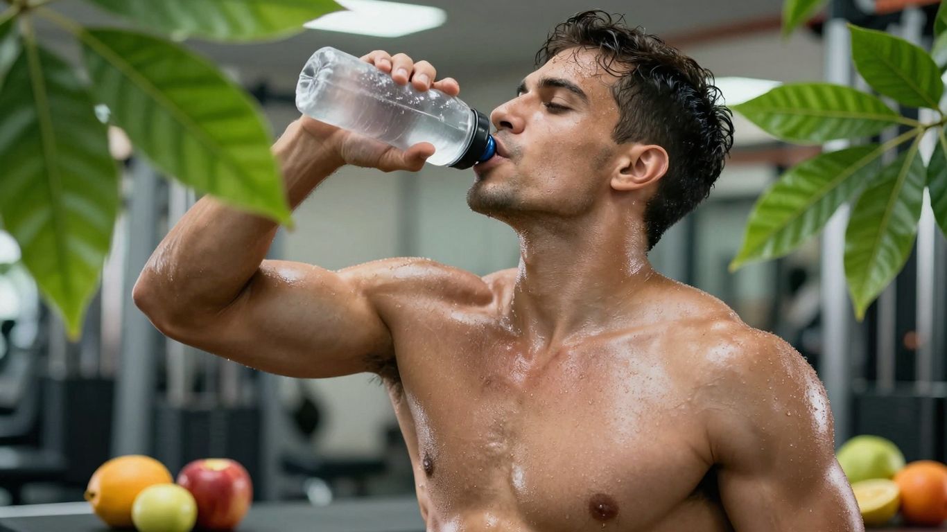 Atleta bebendo água pós-treino com frutas e folhas.