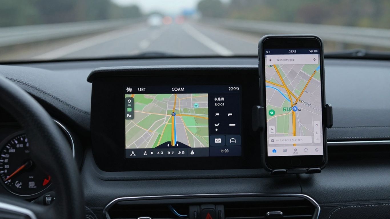 Car dashboard with GPS and smartphone map.