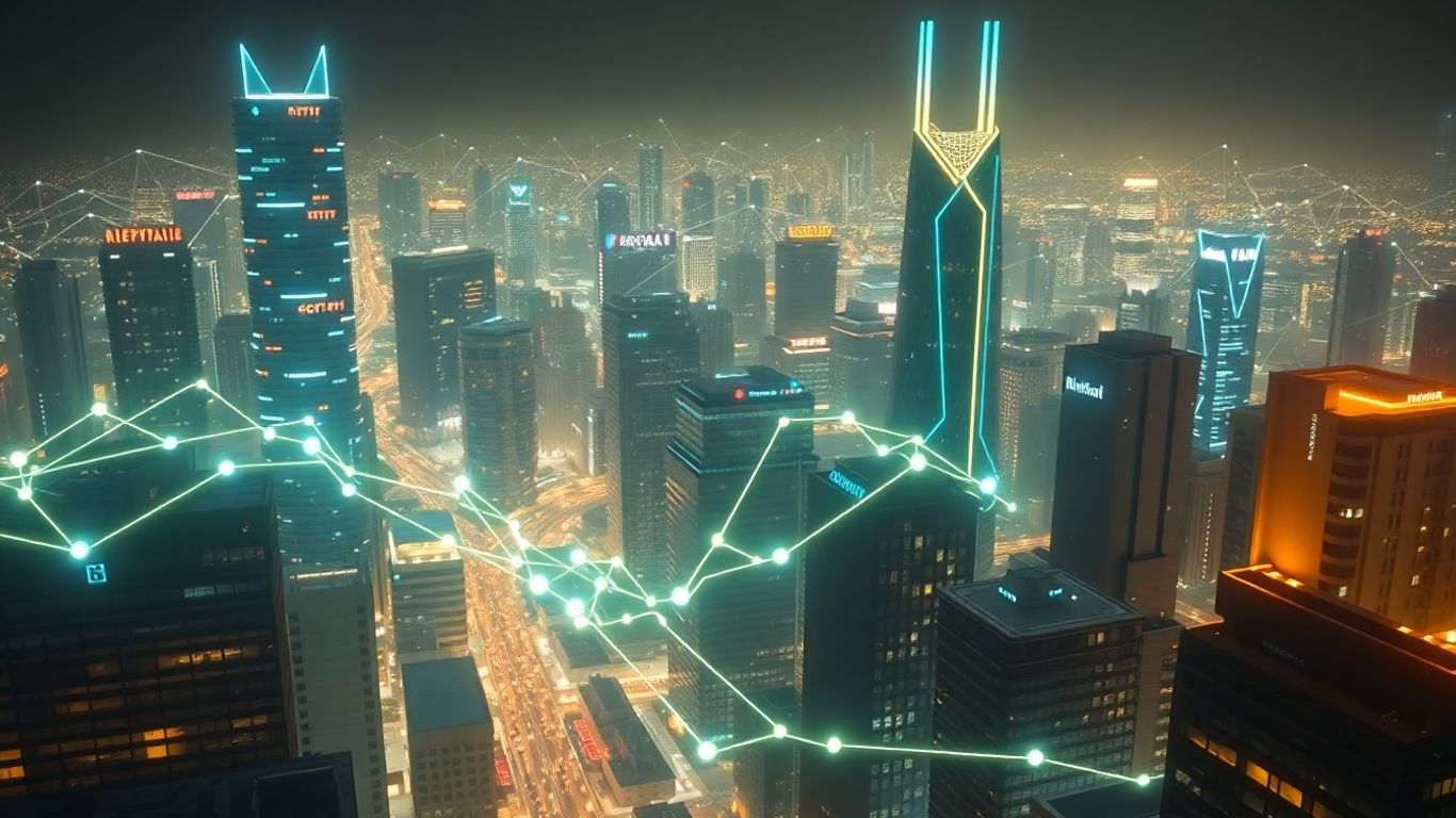 Futuristic city with glowing digital blockchain connections.