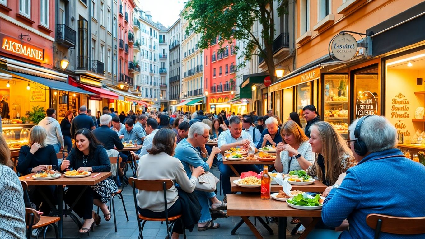 Oameni mâncând preparate diverse pe o stradă urbană aglomerată.