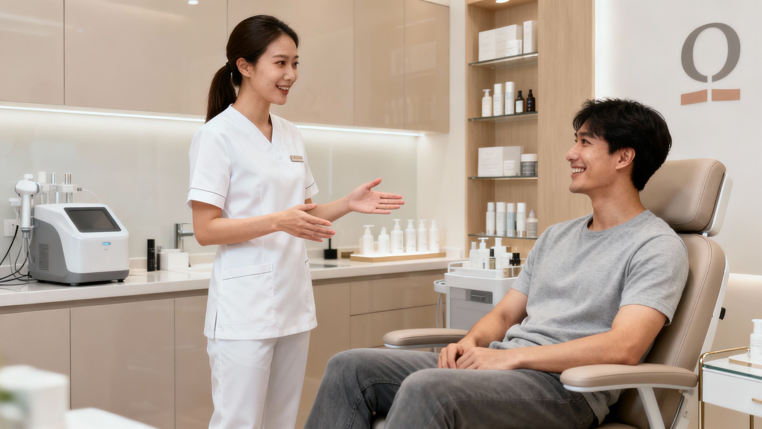 Aesthetician consulting with a client in a modern clinic.