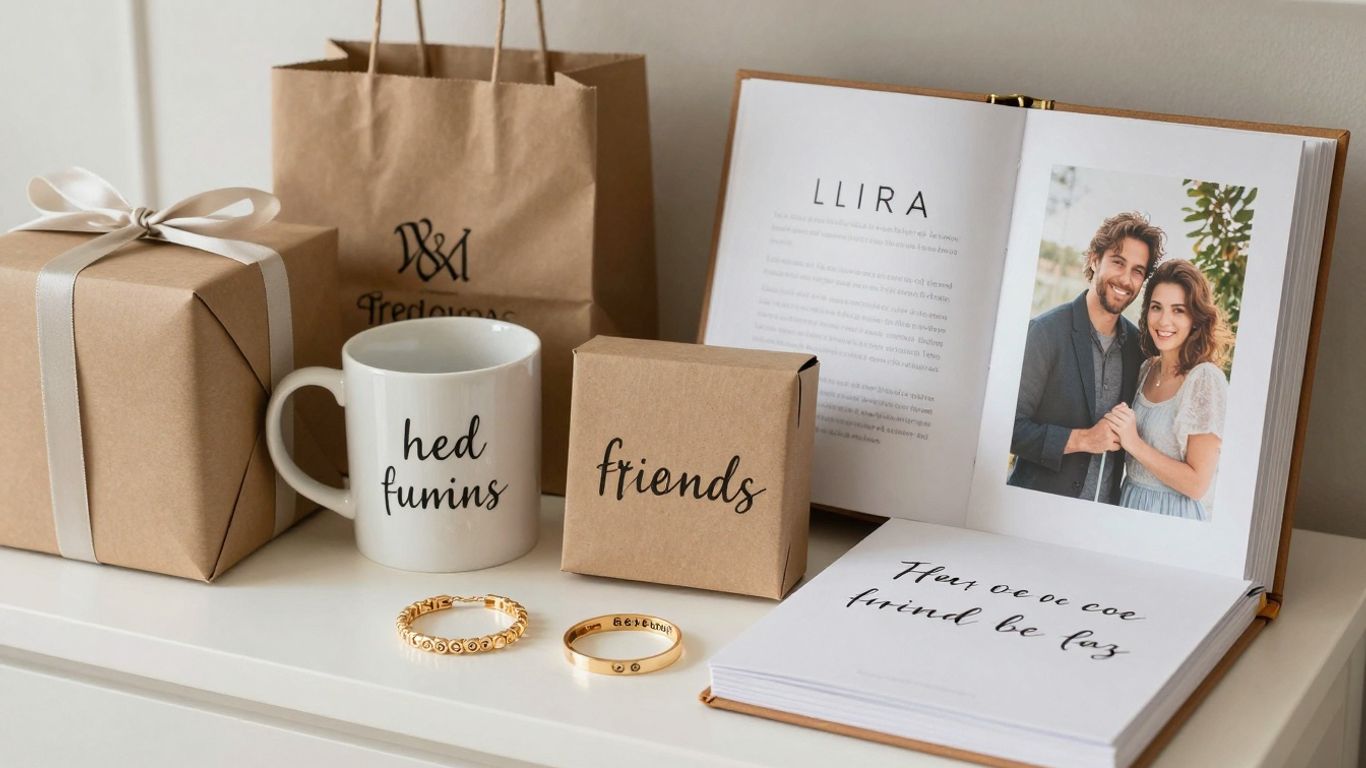 Personalized gifts for friends on a table.