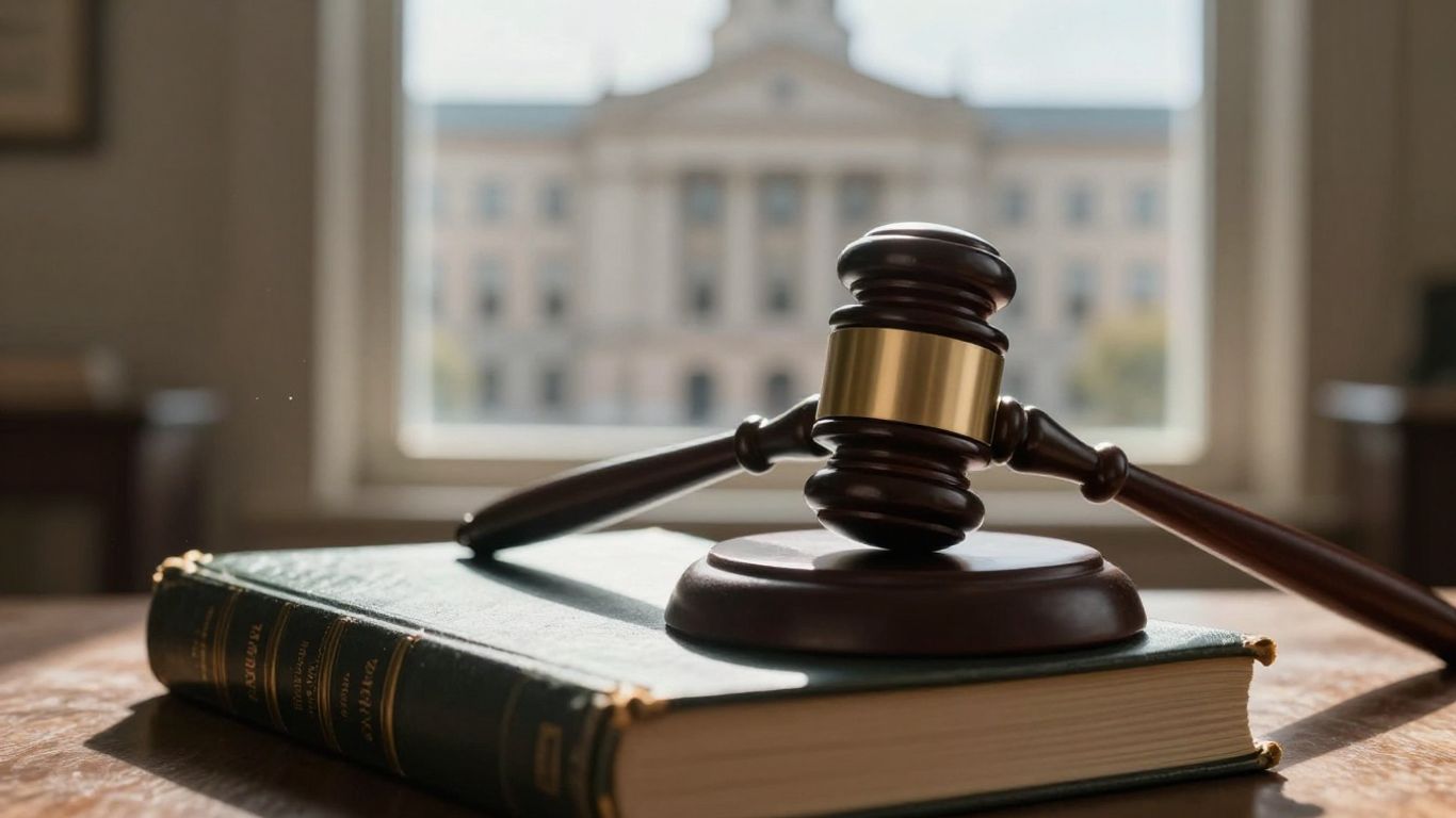 Gavel on books with courthouse background