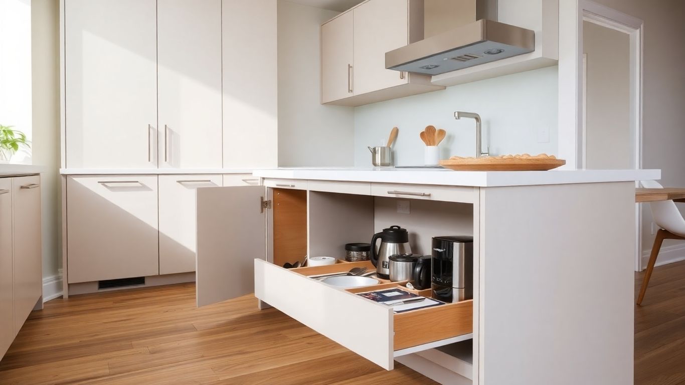 Person opens hidden toe-kick drawer in modern kitchen