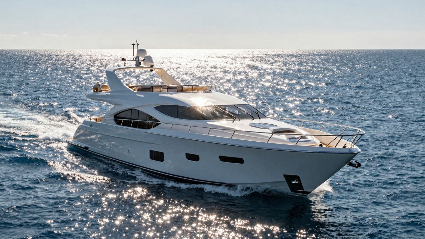 Luxurious 60-foot yacht sailing on a clear blue ocean.