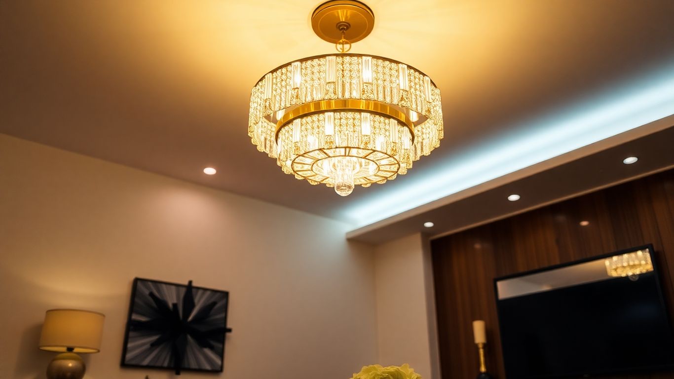 Modern ceiling lamp illuminating a stylish living room.