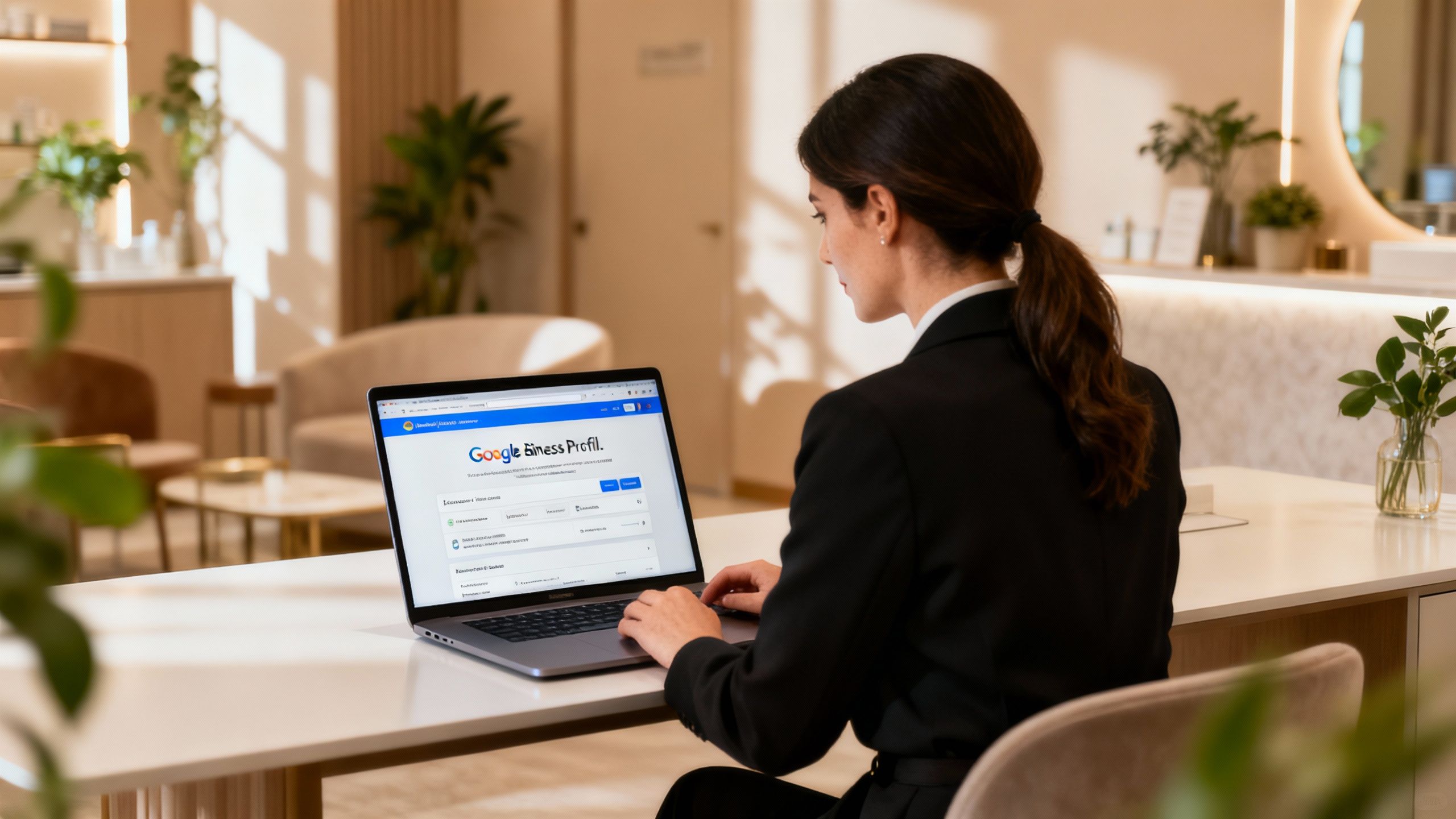 Aesthetic clinic owner managing Google Business Profile on a laptop.
