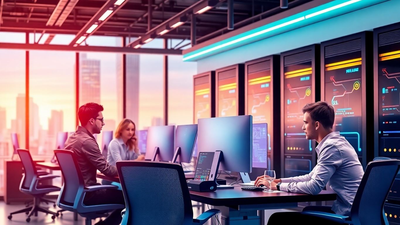IT professionals in modern office with digital connections