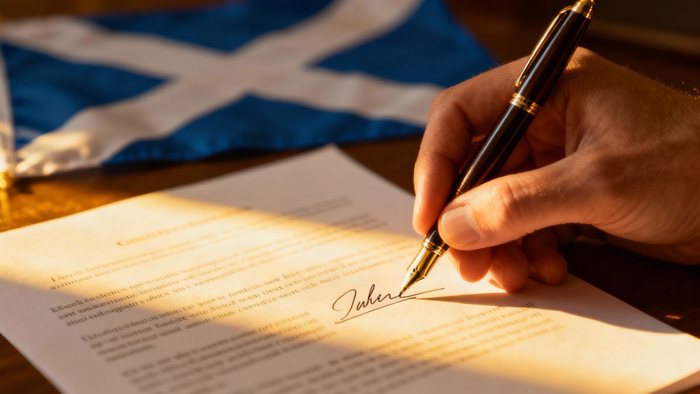Hand signing a legal document with Scottish flag.