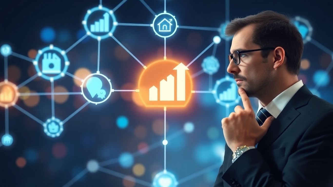 Business professional analyzing digital marketing growth network.