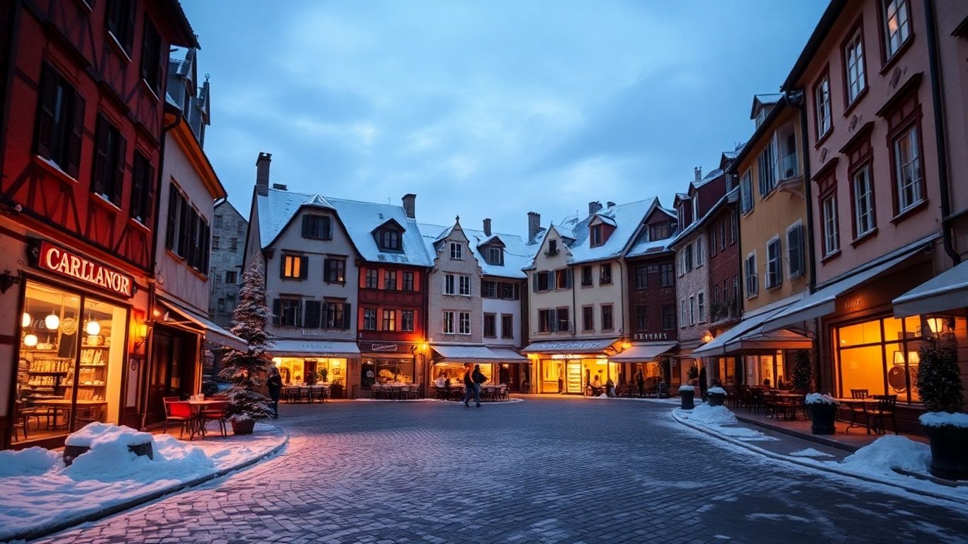 Cozy European village square in winter