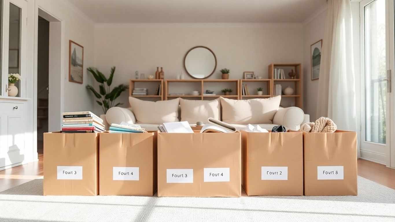 Five boxes for decluttering in a bright living room