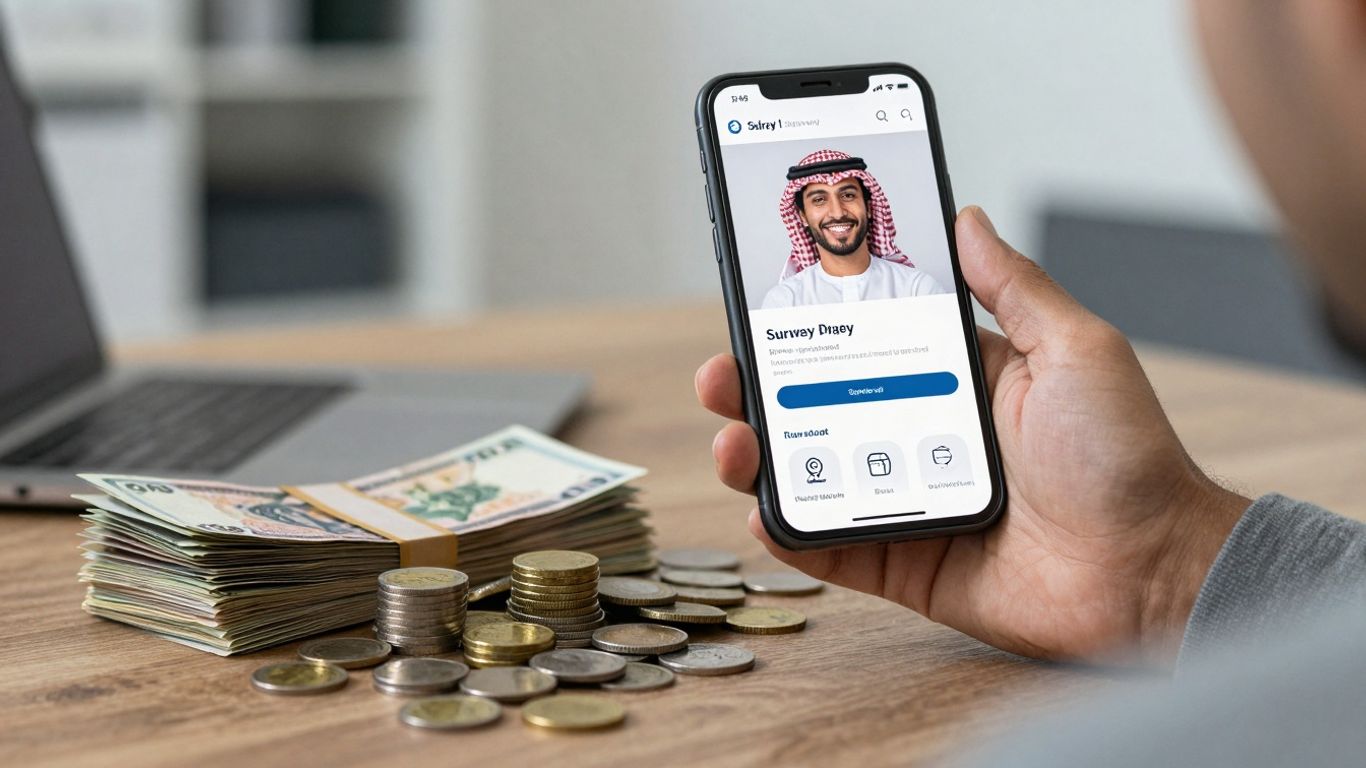 Person earning money from online surveys on phone.