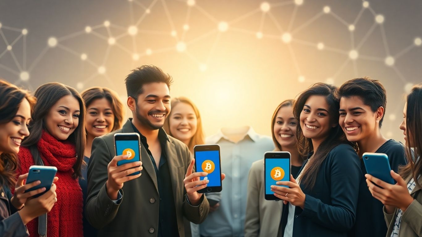 People engaging with crypto, digital networks background.