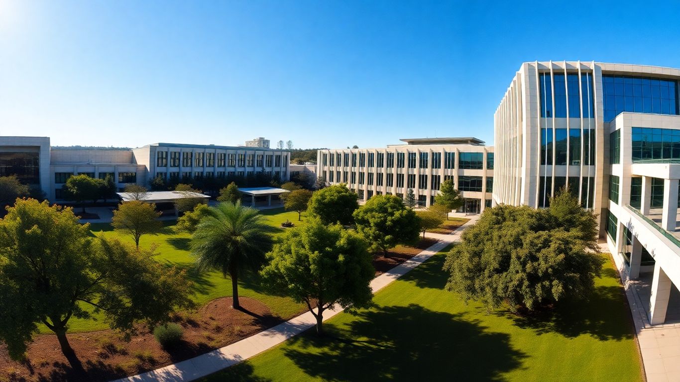 Caltech campus with modern buildings and greenery.