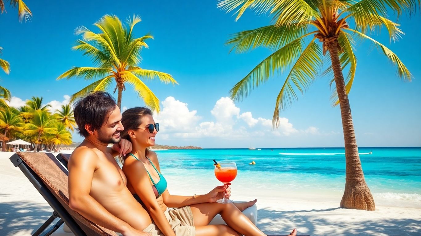 Couple enjoying a last-minute beach vacation.