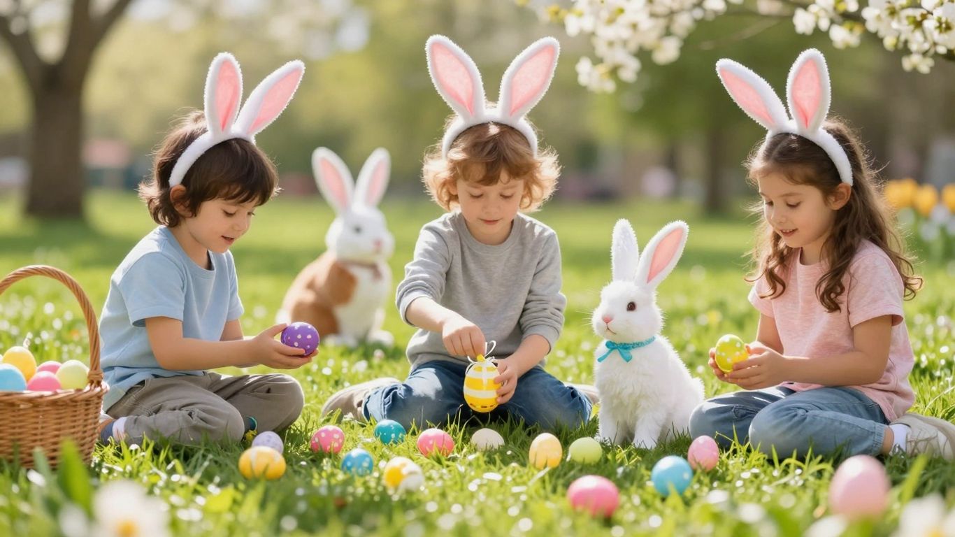 Osterferien NRW 2024: Kinder spielen mit bunten Ostereiern und Hasen.