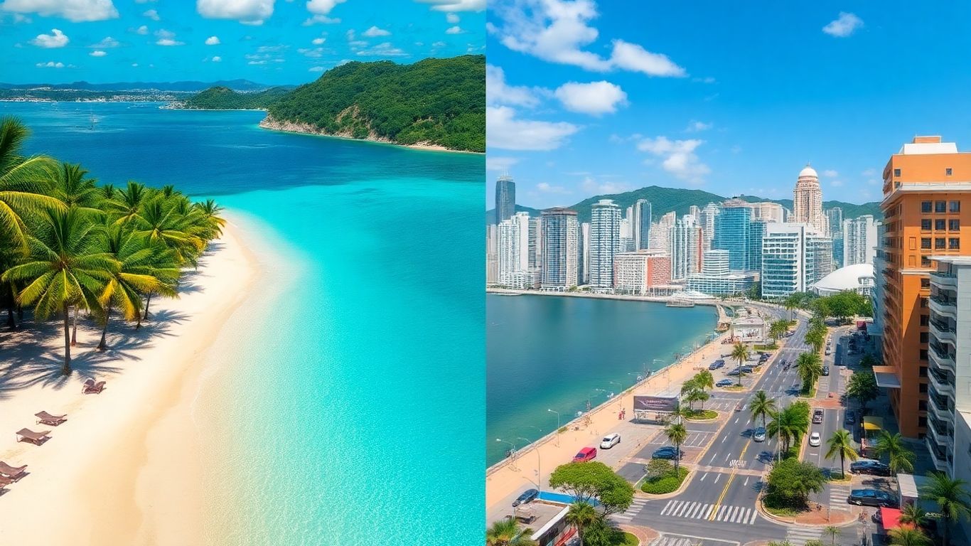 Phuket beach versus busy city skyline split scene