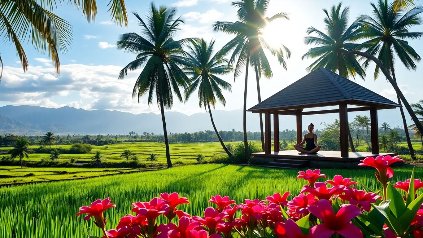 Person meditating in a lush Balinese landscape.