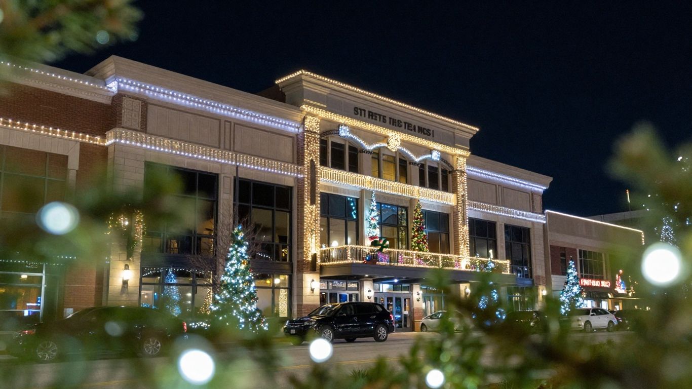 Commercial Christmas lights illuminating a building at night.