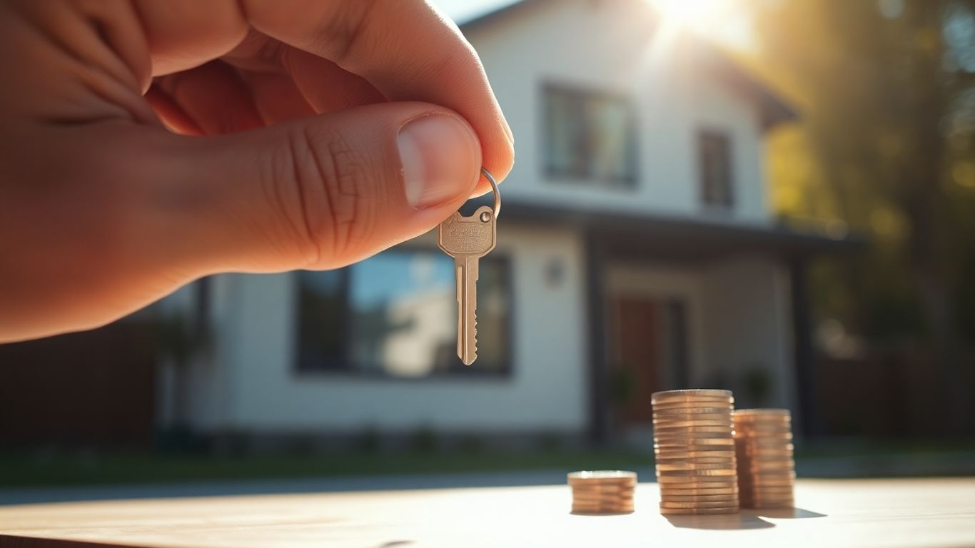 Hand holding key with house and coins background.