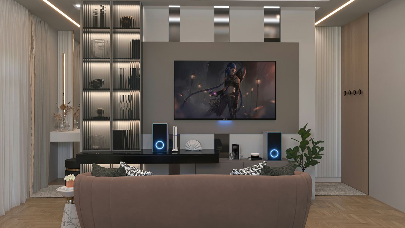 a living room with a large screen