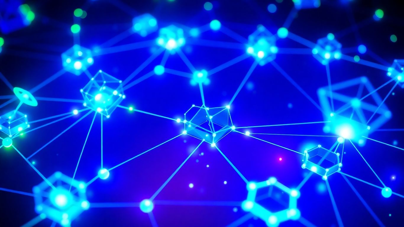 Digital provenance network with glowing nodes and data flow.
