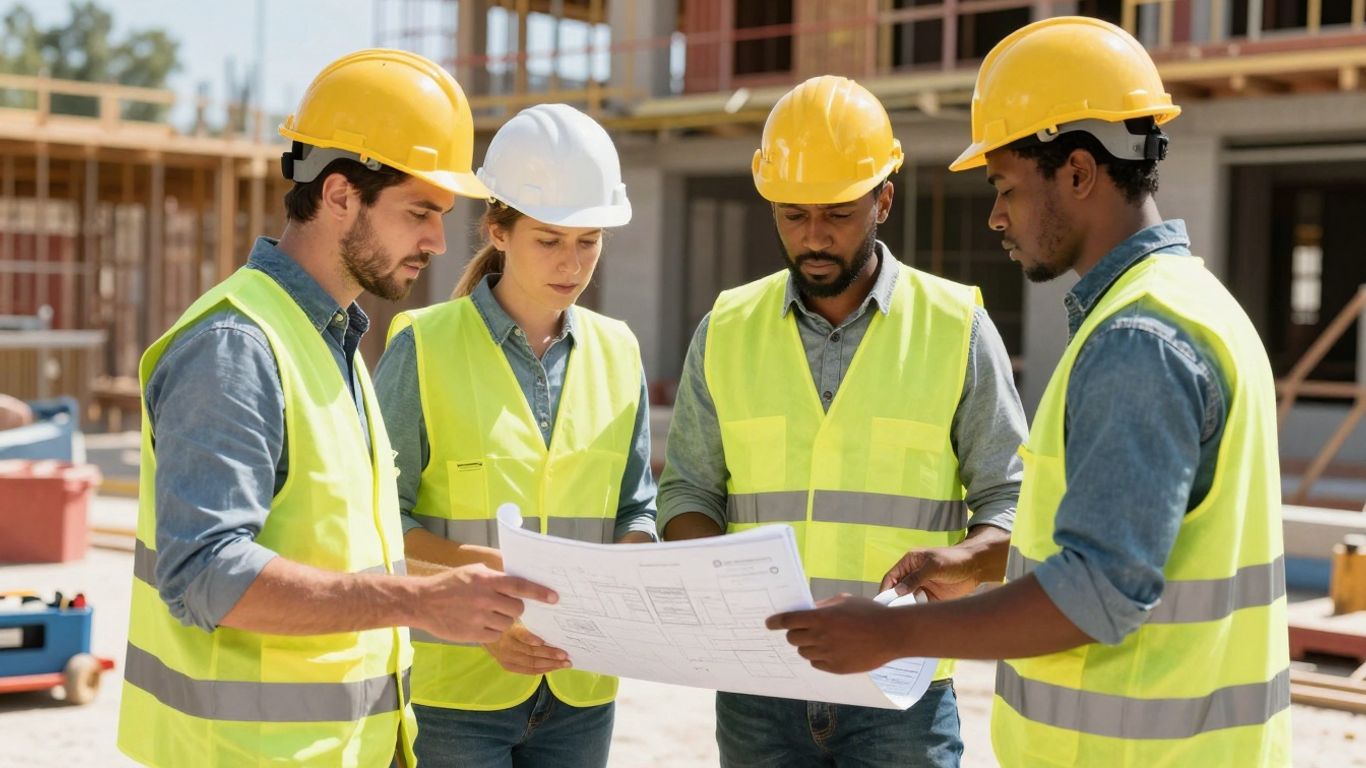 Construction workers discussing plans on a sunny building site.