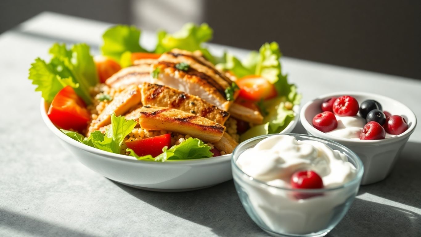 High protein lunch with chicken, quinoa, and yogurt