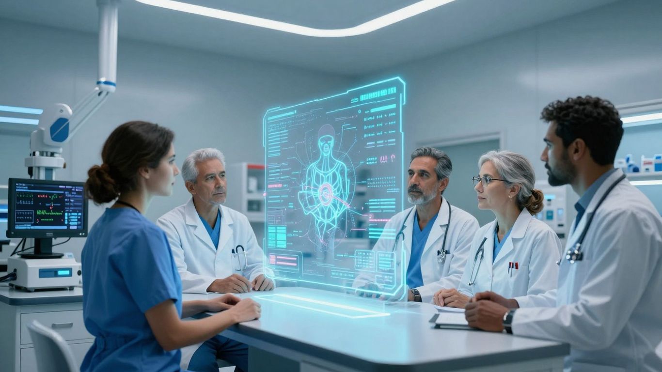 Futuristic healthcare technology with continuous patient monitoring.