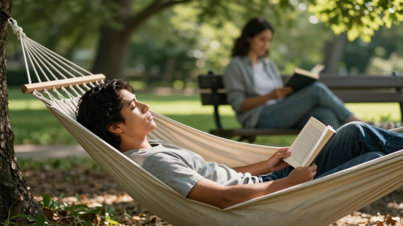 Person relaxing in hammock, another reading book.