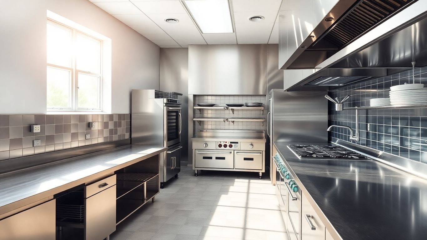 Modern commercial kitchen with stainless steel appliances.