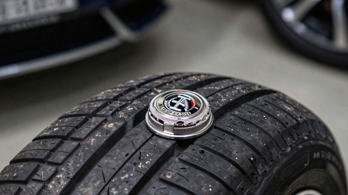 Luxury car tire with a fancy valve stem cap.