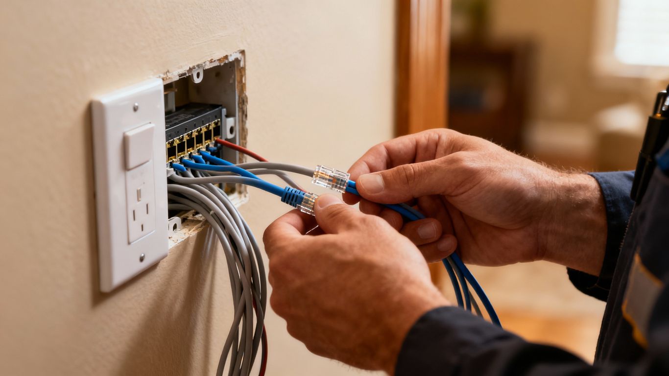 Technician installing home Ethernet wiring for seamless connectivity.