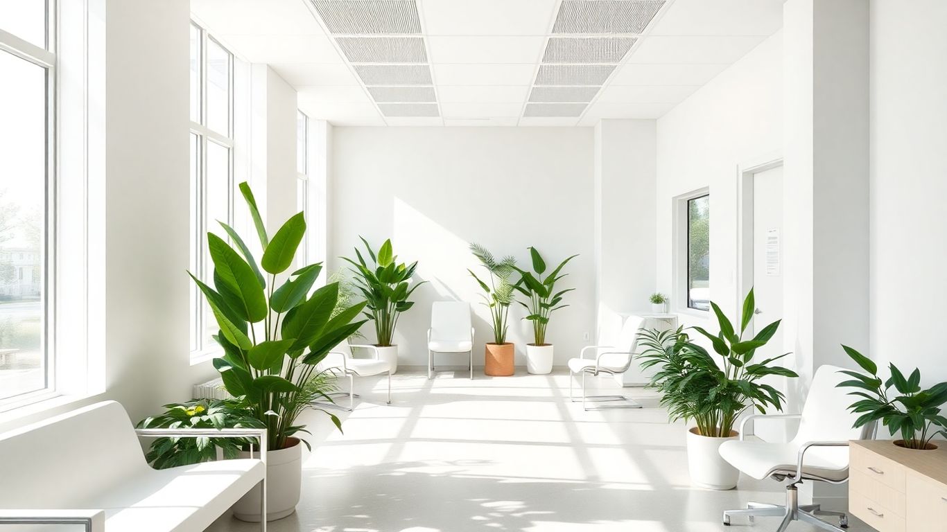 Clinică medicală verde cu plante și lumină naturală.