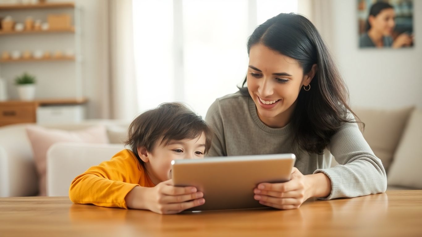 Părinte și copil folosesc împreună o tabletă.