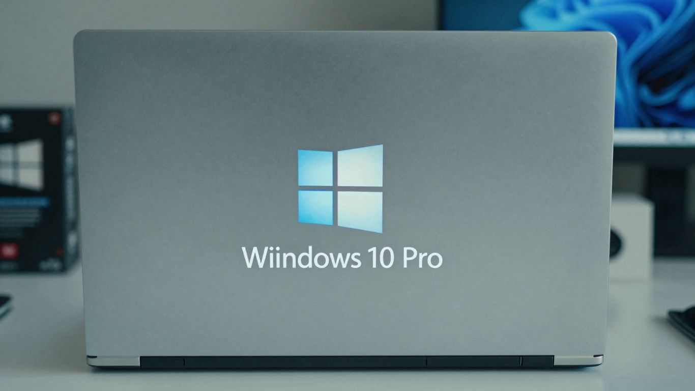 Logo de Windows 10 Pro en pantalla de portátil.