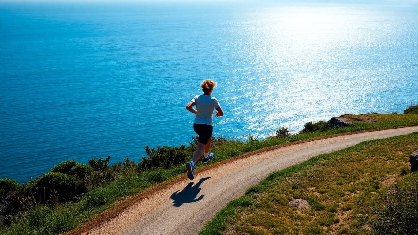 Runner on scenic coastal path with ocean views.