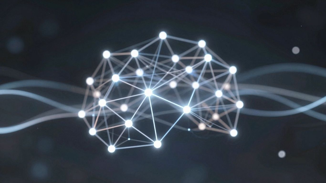 Futuristic neural network interface with glowing nodes and light trails.