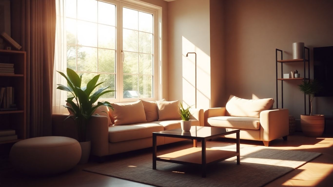 Sala de estar acogedora con luz solar y muebles cómodos.