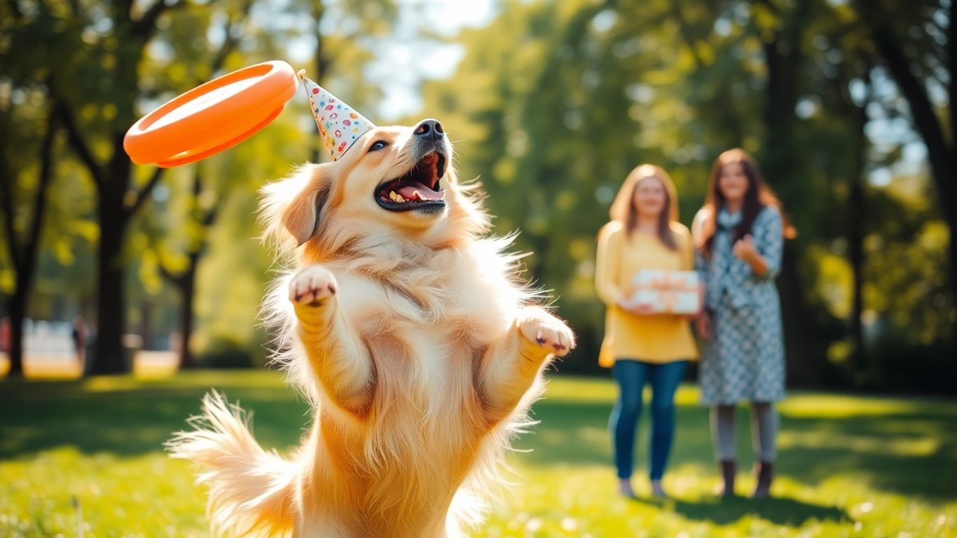 Dog catching frisbee with owners and gift in park.