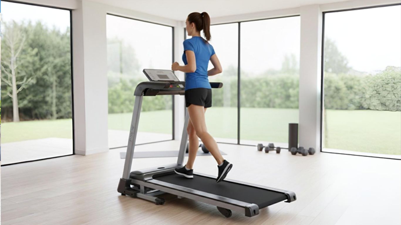 Person running on a treadmill in a bright room with large windows.