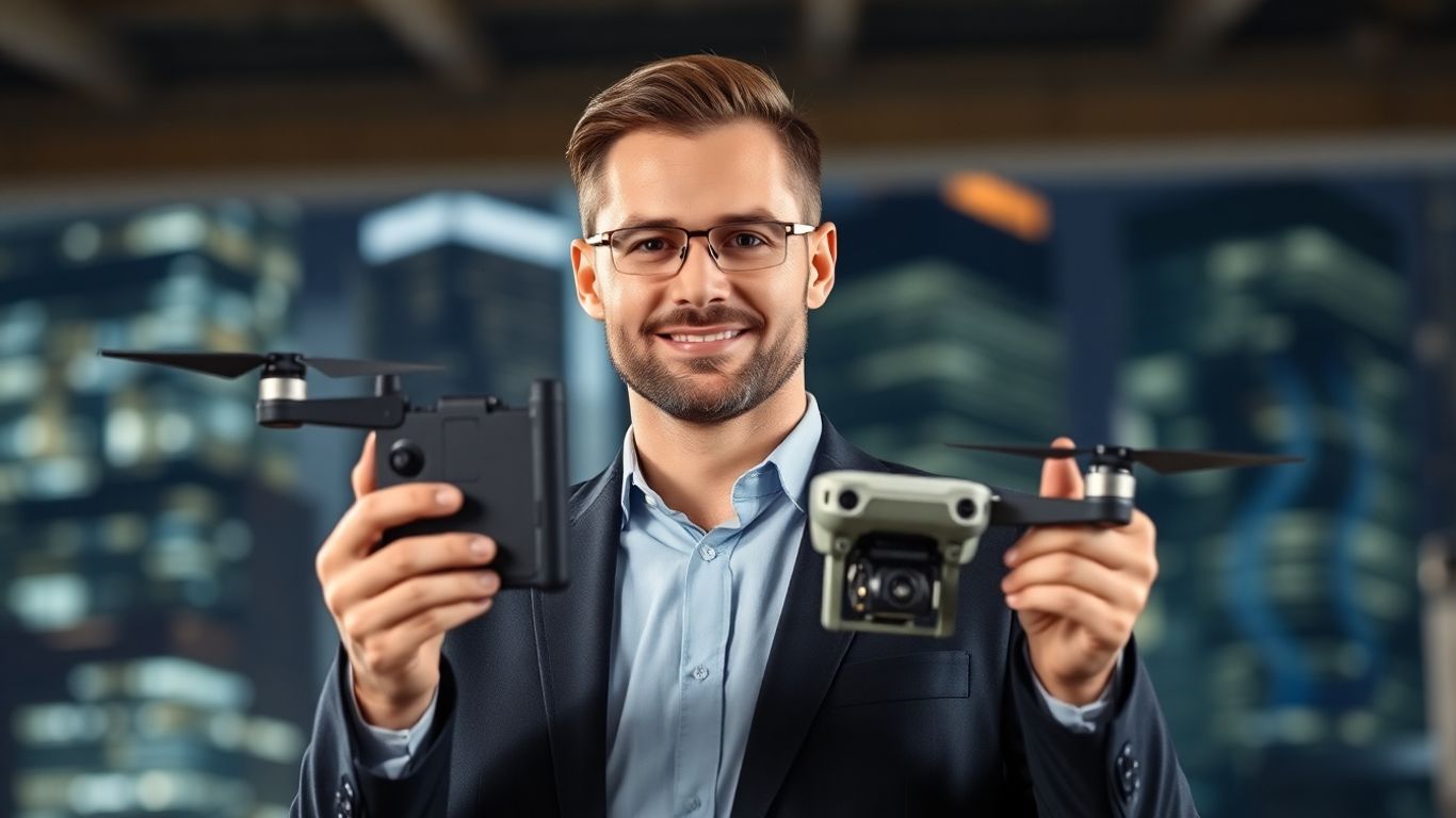 Man holding drone controller with cityscape background.