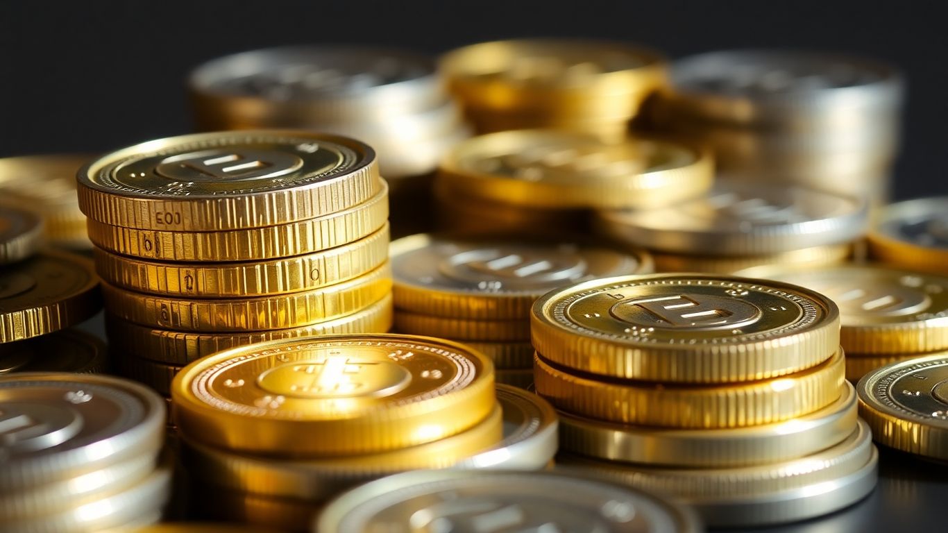 Gold and silver coins stacked together.