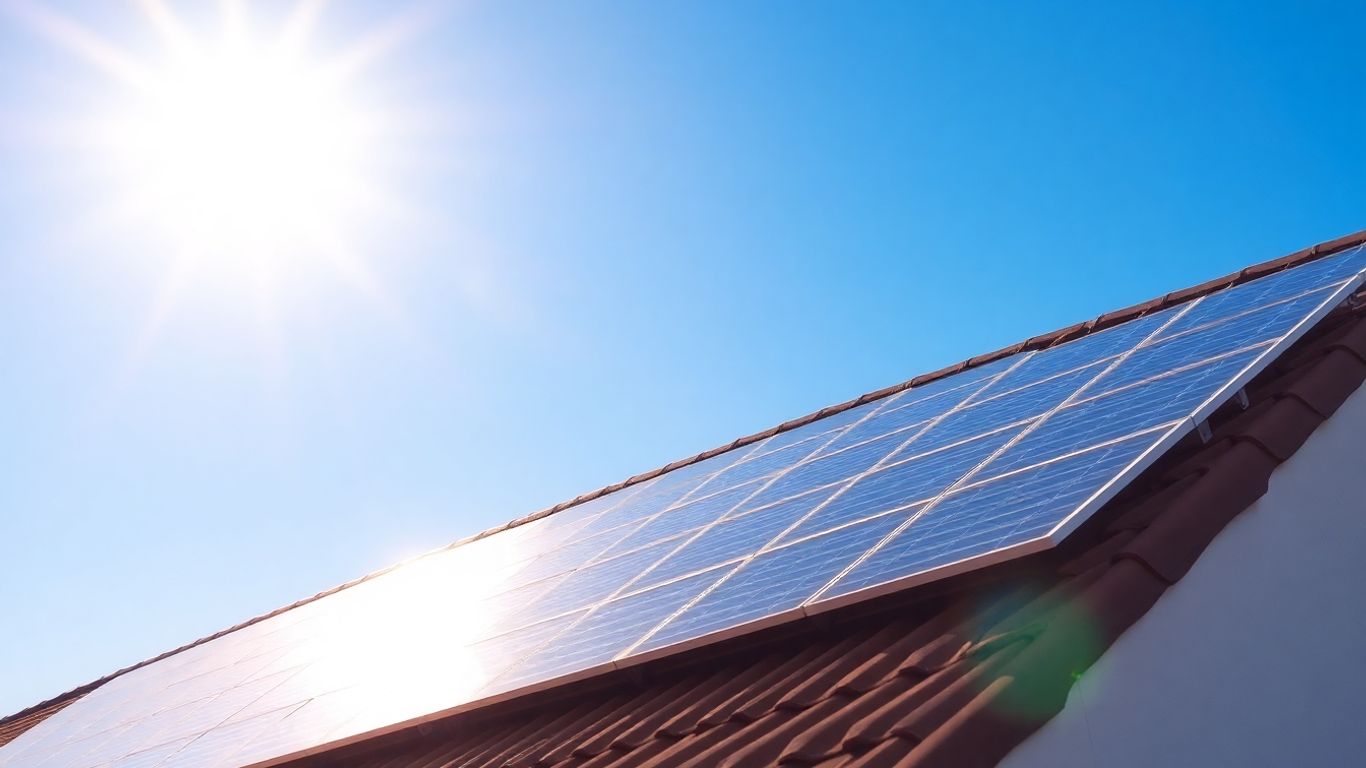 Solar panels on a roof under the sun.