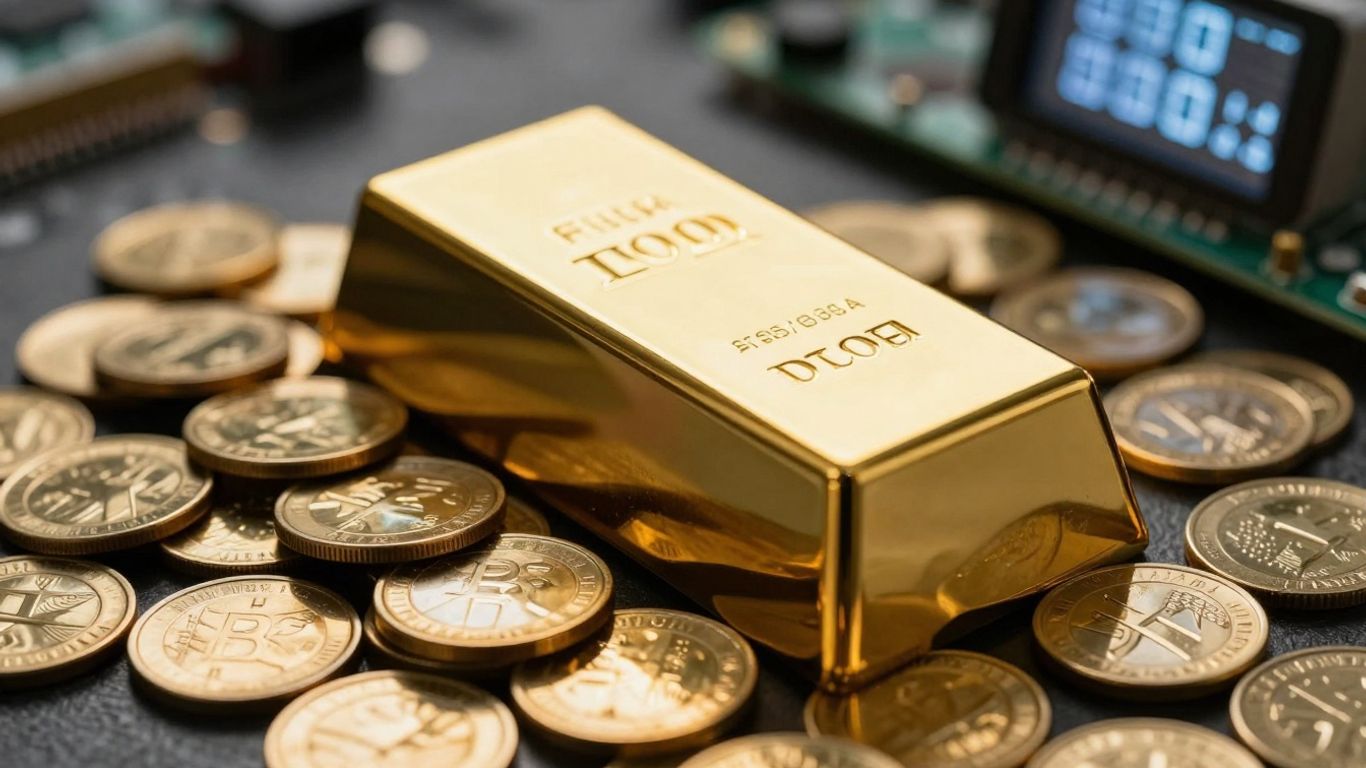 金条和金币摆放在印刷电路板背景上。